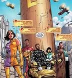 The Legion grows up: look at Bouncing Boy, he inflates and bounces and would you cross him? Starboy has facial hair (rare in superheroes), and the once-shy Triplicate Girl has grown into herself. And look at the background, it's clean: the better future is threatened.