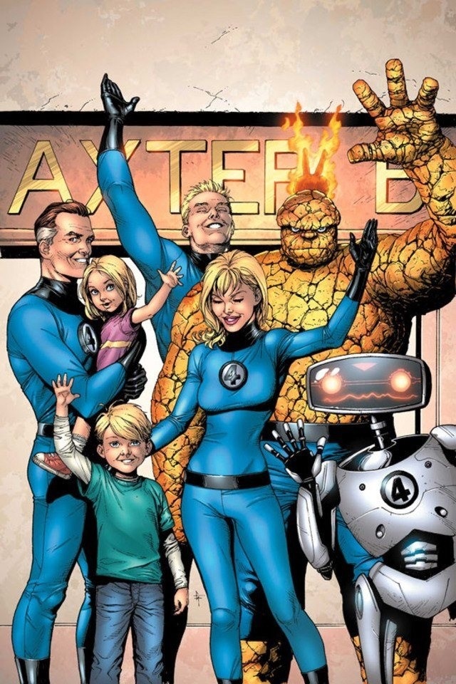 Physically, Richards and Richards begin to look less like superheroes and more like parents. In this picture, Reed is shorter than either Johnny or Ben.  Sue's figure isn't as sharp and it's a little unrealistic and she has a zipper as if she has to be mindful of a little LBL now and then.