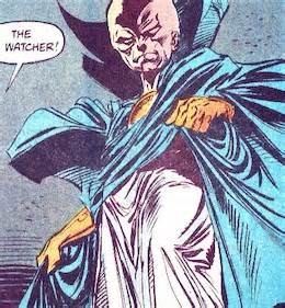 The Watcher, later Uatu of the race of the Watchers, later satirized by DC as the Sentinels, though people seemed not to have noticed. Either we're all stupid or (my preferred theory) DC was actually subtle.